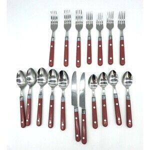 Vintage Lot of 18 Stainless Flatware Pink Mauve Plastic Riveted Handles Taiwan